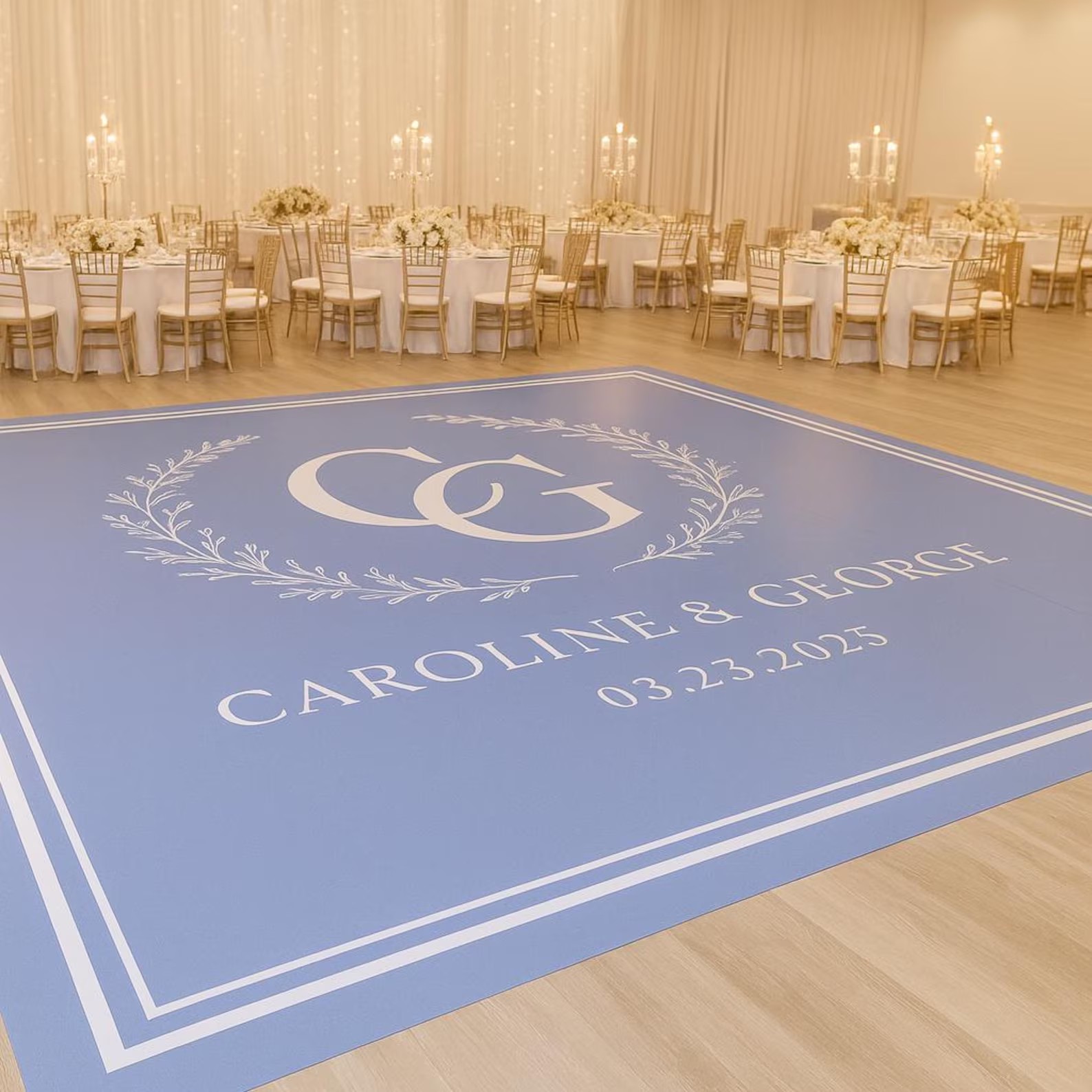 Custom printed vinyl dance floor design at a St. Louis wedding reception